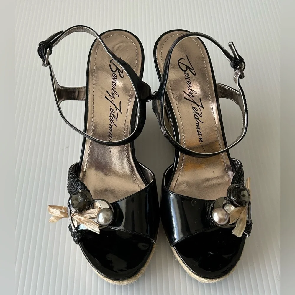 Beverly Feldman Black Patent Embellished Leopard Espadrille Wedges Sz 9 *READ
